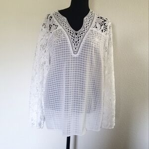 Chico's Blouse Cotton Lacy Pullover Long Sleeve V-neck Embroidery Sheer L
